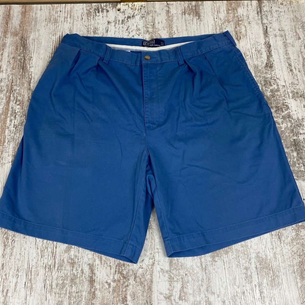 Vintage 90s Polo Ralph Lauren Tyler Pleated Chino Shorts 38 Blue Preppy Casual